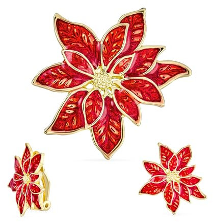 Grande Déclaration Fleur Fête De Vacances Blanc Rouge Émail Poinsettia Broche Clip Sur Boucles D’Oreilles De Noël Foulard Pin Bijoux Ensemble Pour Femmes Plaqué Or