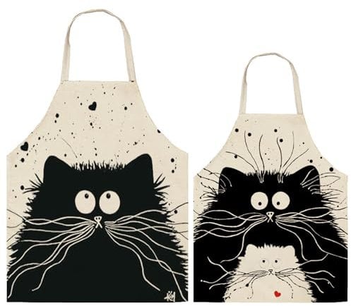 Qixuer 2 Stück Eltern-Kind-Klage Süße Katzenschürze,Kochschürze Damen,Kochschürze Kinder, Gartenschürze aus Leinen Für Erwachsene, Jungen, MäDchen, Geschenk, Malen, Kochen, Backen, Restaurant
