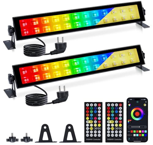 VAYALT RGB LED Strahler, 2 Stück 48W RGB Wallwasher Licht mit Bluetooth APP Steuerung und Dimmbar LED Bar, IP66 Wasserdicht Partylichter für DJ Disco Garten Halloween (Warmweiß+Kaltes Licht)