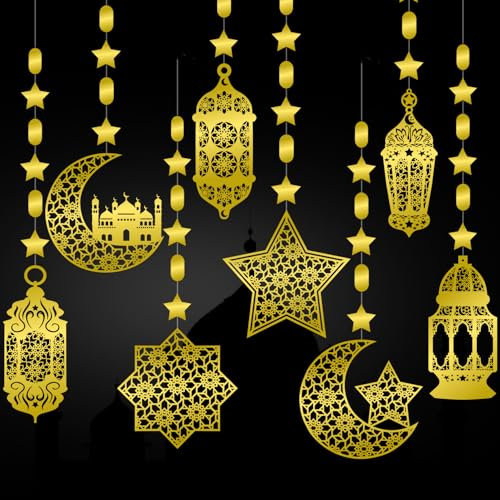 Ramadan Deko Eid Girlande Dekoration, 8 Stück Ramadan Mubarak Banner Gold Stern Mond Ramadan Dekorationen, EID Mubarak Deko für Eid Festival Party Dekoration, Ramadan Kareem Dekoration