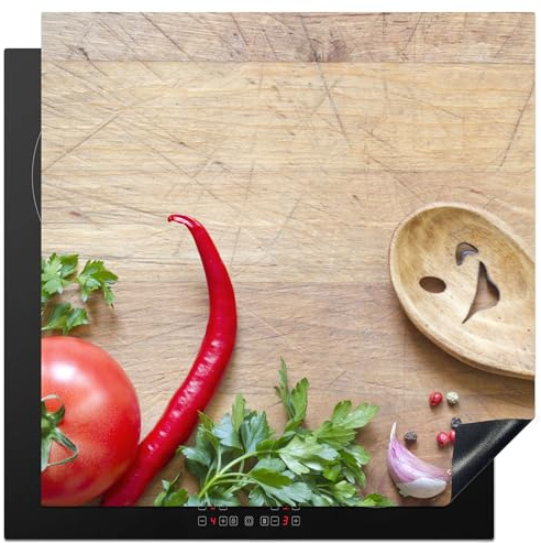 KitchenYeah© Induction Hob Cover Protector Mat Kitchen Universal Ceramic | 30.7x30.7 / 78x78 cm - Covers for Electric Cookers Vinyl Vegetable - Wood Texture - Ladle - Smiley - Tomato