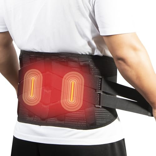 Oramuon Massant pour lombaire avec chauffage, ceinture orthopédique chauffante pour soulager douleurs dos. 3 modes vibratoires, 6 niveaux chauffage, batterie rechargeable 5000 mAh, sans fil