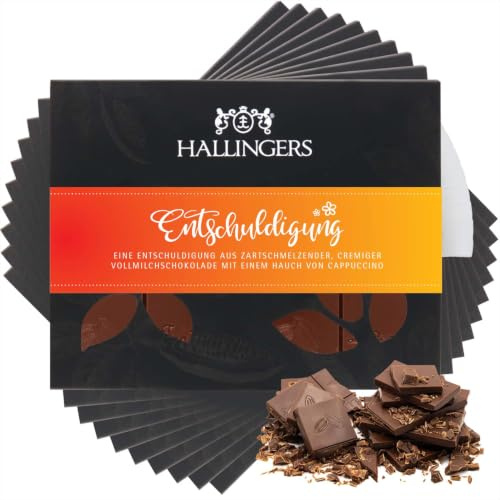 Hallingers Genuss Manufaktur Schokolade Geschenk - Tafel Edelkakao handgeschöpft ohne Alkohol edler Karton 10x Entschuldigung Cappuccino, Geschenkidee für Frauen Männer