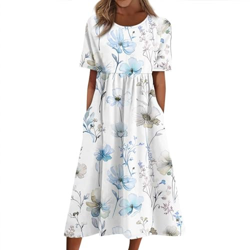 RMBLYfeiye Temu Shop Kleidung Damen Kleider Damen Sommer Elegant One Shoulder Kleid Kleid Schwarz Damen Elegant Rundhals Blumenmuster Kurzarm Abschlusskleid Mit Taschen Gothic Kleid (Hellblau, XL)