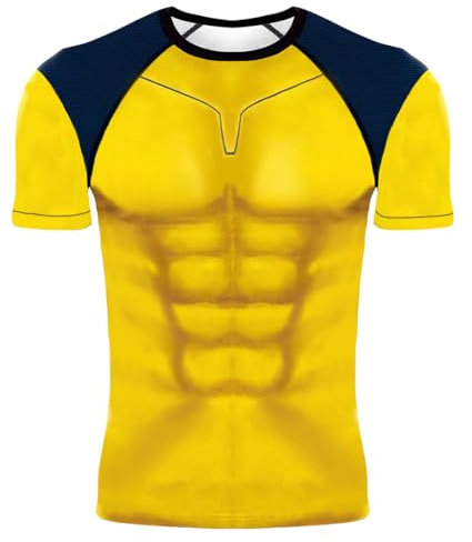 Superhero Costume T-Shirt Men's Compression Sport Workout Shirt Yellow Men, Short Sleeves, XL
