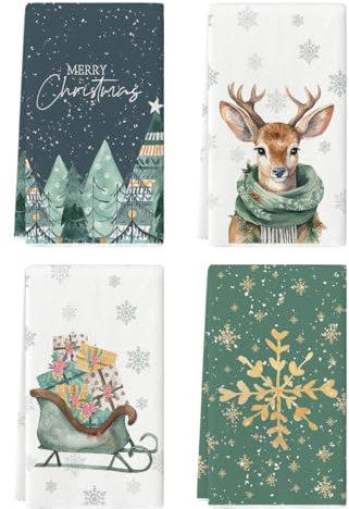 Artoid Mode Gifts Deer Tree Sleigh Snowflake Christmas Kitchen Towels Dish Towels, 42x65 cm Winter Microfiber Cloth Kitchen Drying Decoration Set of 4