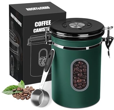 ROCKY&CHAO Kaffeedose Luftdicht aus Edelstahl 1,8L Kaffeebhnen Behälter mit Sichtfenster an der Seite Vorratsdose für 600g Tee Nüsse Kakao Länger und Frisch Bleiben (Grün)