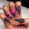 24PCS Halloween Long False Nails with Glue Stickers, Almond Full Cover Acrylic Press on Nails no Glue,Black Pink Midnight Fake Nails for Women and Girls Nail Art