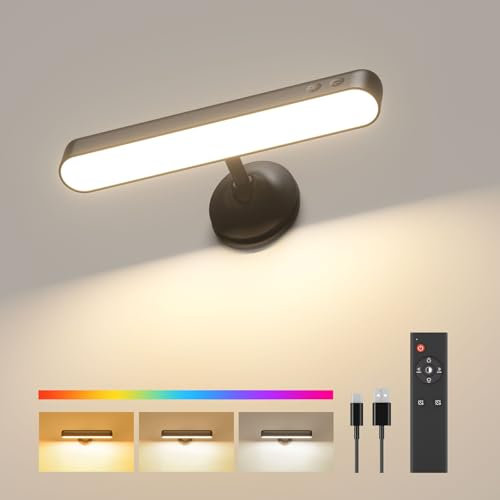PopoIron Wall Light with 7500mAh Rechargeable Battery, LED Wall Light for Bedroom with Remote Control, 3 Colours, Wireless Wall Lamp, 360° Rotation, Dimmable, Brightness with 15 RGB Colors, 1 Pack