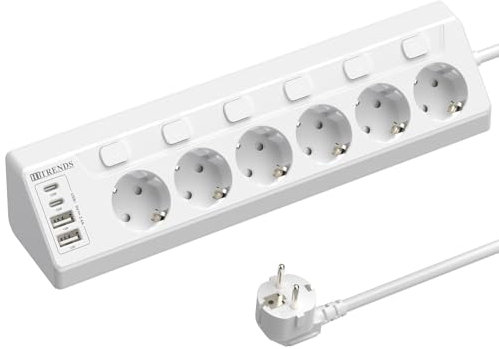 Ecksteckdose mit 2 Typ C und 2 USB A, 6 Fach Steckdosenleiste Einzeln Schaltbar Mehrfachsteckdose Wandmontage 2500W 16A Mehrfachstecker Küche Steckerleiste, 2M Kabel (Weiß)