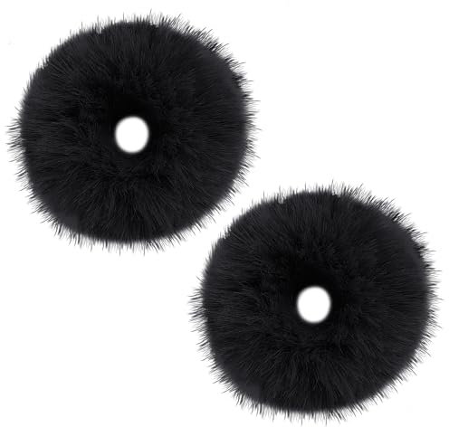 2 Stück Pompom Haargummi Scrunchie Dicke Elastische Haargummis Damen Niedliches Plüsch Fuzzy Haargummis Pferdeschwanz Clip Plüsch Zopfgummis Haarschmuck für Mädchen Cosplay Halloween (Schwarz)