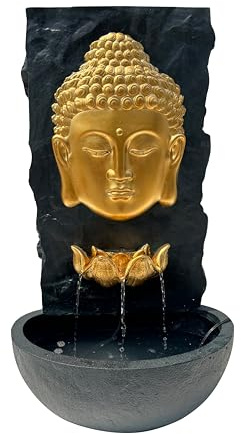 XBrand 30 in H Fiber Resin Wall Buddha Zen Outdoor Garden Water Fountain w/Warm LED Light, Gold