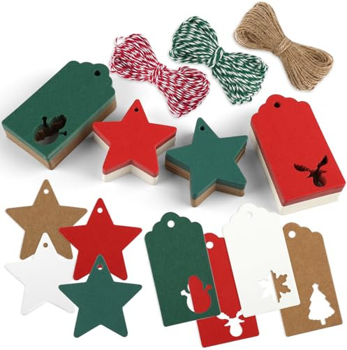 Geschenkanhänger Weihnachten, 200 Stück Geschenkanhänger Stern, Weihnachtsanhänger Papier mit 20M Jute Schnur, Etiketten Zum Beschriften, Kraftpapier Anhänger für Geschenke (Grün, Rot, Weiß, Braun)