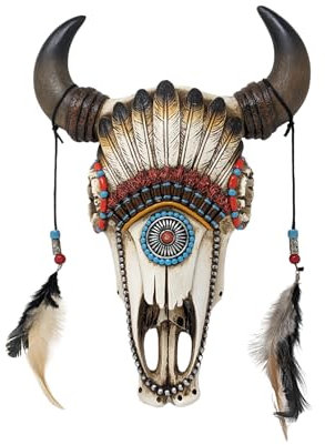 Southwest Faux Bull Skull Wanddekoration mit Feder Kopfschmuck - Rustikale Harz Westernkunst für Zuhause Hütte oder Hütte Boho Indianer Stil Dekorative Skulptur Einzigartige Kuh Akzentstück