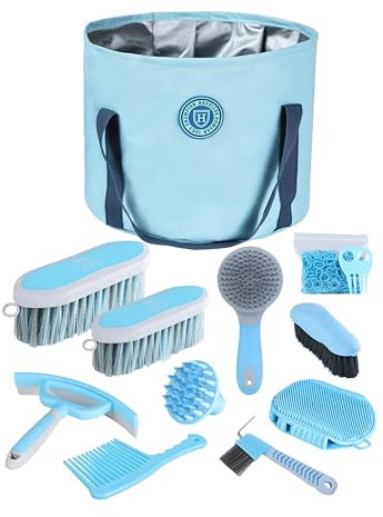 Harrison Howard Kit de toilettage pour chevaux 9 pièces Equine Care Series Ensemble de brosses pour chevaux avec sac fourre-tout Bleu doux
