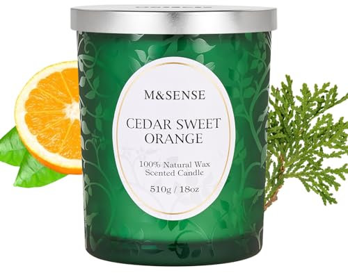 M&SENSE Duftkerze Zedernholz Orange, Duftkerzen im Glas Groß 510g, 100h Lang Brennende, Holzdocht Kerzen, Sojawachs Kerzen mit Duft, Knisternder Docht Kerze für Schlaf, Meditation & Stressabbau