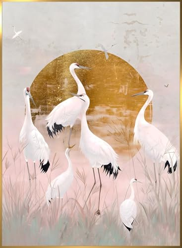 STYLER Bild Morning Mist 50x70 cm mit goldenem Rahmen – Stilvolles Wandbild mit Kranichen – Pastellfarben Naturmotiv Modern Pastell Gold