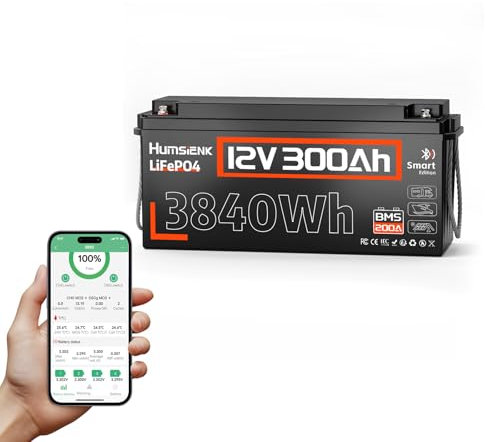 HumsiENK Batterie au lithium LiFePO4 12 V 300 Ah avec Bluetooth, BMS 200 A intégré, batterie solaire à 15 000 cycles profonds avec protection basse température pour camping-car, bateau, traîne,
