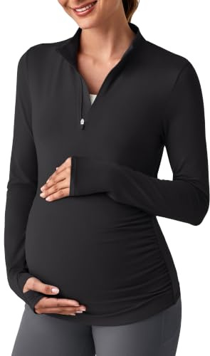 G4Free Maternity Tops Sports T-Shirt Workout UPF 50+ Sun Shirts | Ruches,Soft,Half zip,Pregnancy rash guard,With thumbholes,Activewear for gym,yoga,running