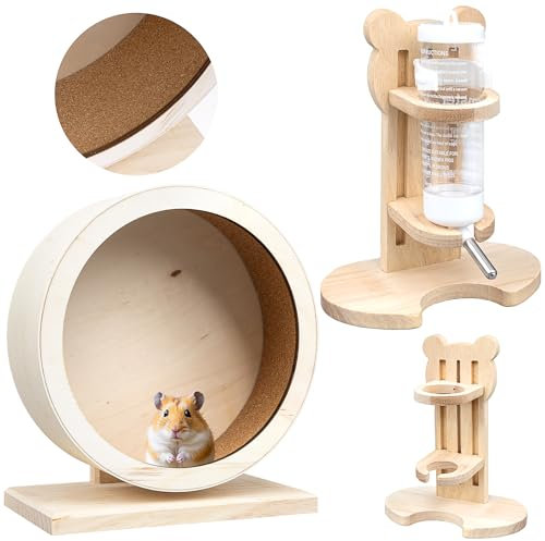 2 Pcs Wooden Hamster Wheel & Water Bottle Holder Set, Small Pets Silent Exercise with Water Bottle Stand, Running Spinner Wheel Play Toy for Small Animal Guinea Pigs Gerbil Mice Rat Chinchillas