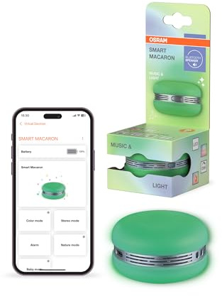 Osram Smart Macaron, Bluetooth-Lautsprecher mit Dreh-Farblicht, Musik-Sync & App-Timer – 3 Modi, Stereo-Pairing, Grün