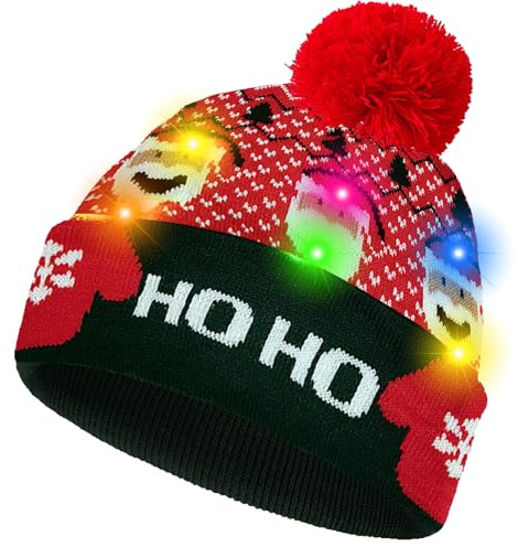 YOUYIKE Weihnachtsmütze LED, Gestrickt Warm Lustig Nikolausmütze Blinkende mit Licht, Weihnachts Mützen Erwachsene Beleuchtet für Frauen Männlich (DE/NL/SE/PL, Alphanumerisch, Einheitsgröße, Stil-13)