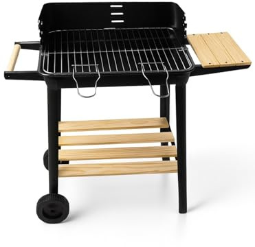 JARDIN202 - Barbacoa Rectangular de Carbón con Parrilla Cromada Arizona | Ruedas para Transporte | Bandeja de Madera | Grill Exterior | (Negro)