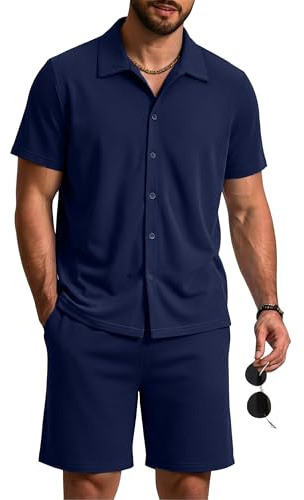 Aseniza Pyjama Homme Été Coton Ensemble Court Chemise Col à Revers Bleu XL