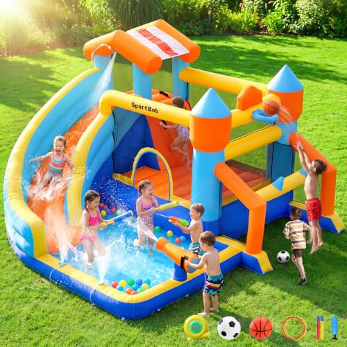 SportBob Hüpfburg Kinder mit Wasserrutsche und Gebläse, Hüpfburg XXL für Kinder Indoor & Outdoor mit Fußballtor, Wasserbüchse und Basketballkorb, Wasserpark für den Kinder Garten Geburtstag Party
