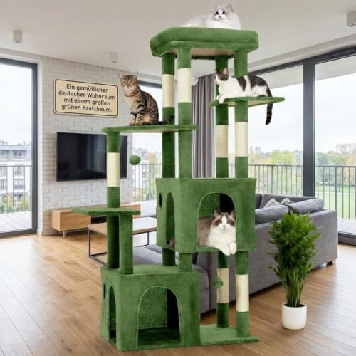 Katzenbaum 155 cm für Große Katzen – Kratzbaum mit Extra Großer Liegefläche, 2 Katzenhöhlen, Mehrstöckiger Kletterbaum für Maine Coon & Erwachsene Katzen, Sisal Kratzsäulen mit Spielzeug, Grün