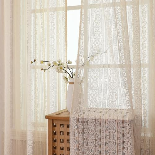 Gazal Vole Boho Crochet Curtains for Living Room and Doors – Shabby Chic Lace Window Drapes, Vintage Geometric Macrame Net Curtains, Sheer Liner for Bedroom, Rustic Style (Beige, 2 Panels)-55x80 inch