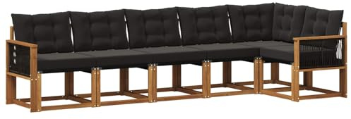vidaXL Outdoor-Sofagarnitur mit Kissen 6 pcs Natürlich und Schwarz, Gartenlounge, Moderne Sofas für draußen, strapazierfähige Sitzgruppe für Terrasse, Perfekter Komfort