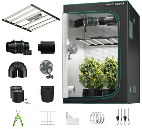 MARS HYDRO FC-E4800 Growzelt Komplettset 100X100X180cm für Indoor-Anbau | 480W Dimmbares LED Grow Lampe 1680D Hochreflektiv Grow Tent 6 Automatik-Belüftungssatz mit iControl 10 Gang-Lüfter