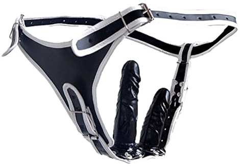 Leder Strap On Dildos Slip Unterwäsche Harness (2 Dildos Schwarz)