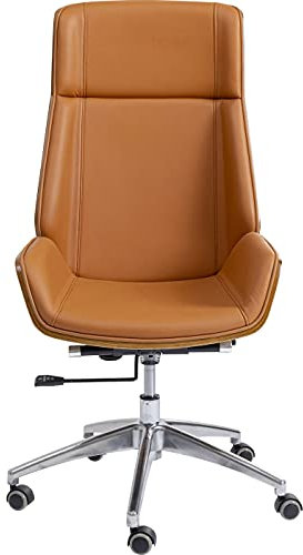 Kare Design Bürodrehstuhl High Bossy, braun, Bürostuhl aus Kunstleder, drehbar, Schreibtischstuhl auf Rollen mit angedeuteter Armlehne und Rücken aus Holzfurnier, Fuß in chrom, 116x59x65cm (H/B/T)