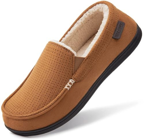 VeraCosy Herren Bequeme Mikrosuede Memory Foam Mokassin Hausschuhe Warme Sherpa Futter Haus Schuhe mit Anti-Rutsch Gummi Sohle Hellbraun,42 EU