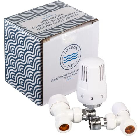 London Taps Thermostatic Radiator Valve TRV and Lockshield Set, White Angled Valves, Standard 15mm Connection, Central Heating Radiator or Towel Rail Valves