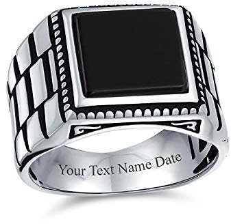 Retro-Band Stil Geätzt Band Schwarz Onyx Quadratische Siegelring Für Männer Schwer .925 Sterling Silber Handgefertigt Individuell Graviert