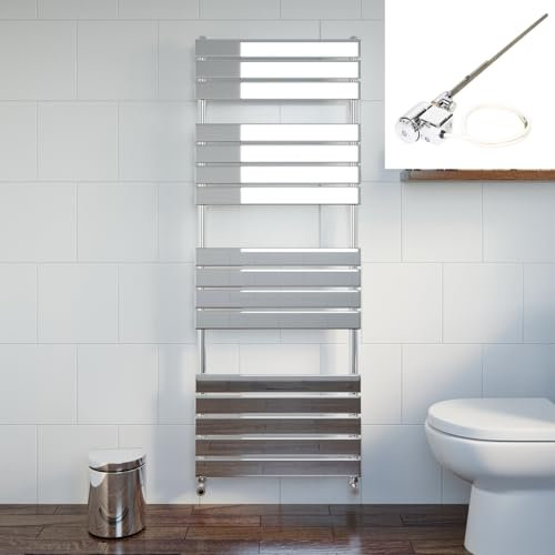 DuraTherm® 1600 x 600mm Flat Panel Heated Towel Rail Radiator Dual Fuel Bathroom Warmer Wall Mounted Ladder Rad Chrome Thermostatic, 600W