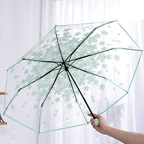 Xushiwanju regenschirm sturmfest Drei Falten Regenschirm Frauen Transparent Klar Kirschblüte Pilz Apollo Sakura Folding Sonnenschirm Regenschirm Regen Frauen Sonnenschirm Anti-UV(Licht Grün)