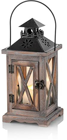 Sziqiqi Laterne Kerzenhalter Vintage Windlicht Laterne Holz Metall Dekorative Windlichthalter für Draußen Rustikale Hochzeit Herzstück Hängende Laterne Bauernhaus Innen Außenlaterne Dekor 28cm