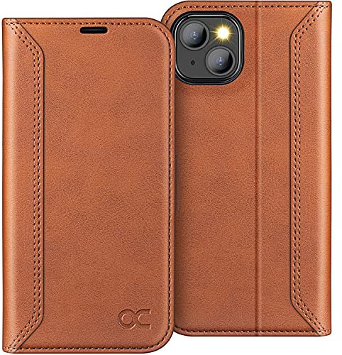 OCASE Retro Hülle iPhone 13 Handyhülle Schutzhülle Klapphülle Handytasche Lederhülle Flip Case Cover Tasche Etui Kompatibel für iPhone 13 5G Braun 6,1 Zoll