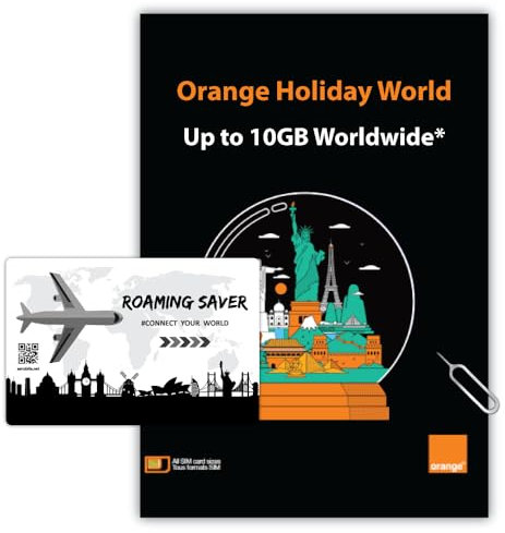 Orange Holiday Worldwide Prepaid SIM Card 20GB Internet Data for 30 Days in 4G/LTE | Data tethering Allowed | Calls & SMS | 1 Sim Card Holder + 1 Pin (international sim, Asia America Europe)