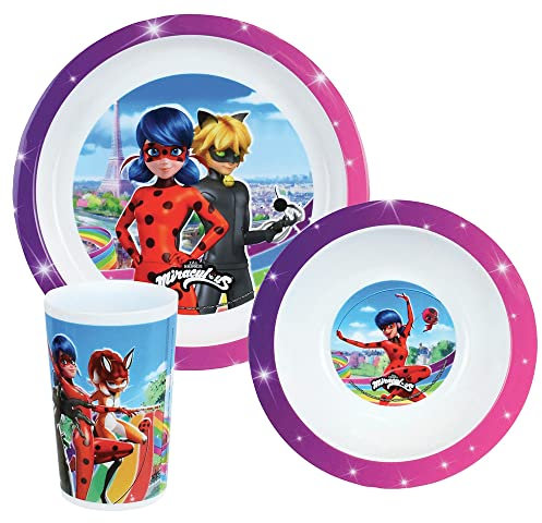 FUN HOUSE 006081 MIRACULOUS LADYBUG ENSEMBLE REPAS COMPOSE D'UNE ASSIETTE PLATE Ø 22 CM, D'UNE ASSIETTE CREUSE Ø 16 CM ET D'UN VERRE 220 ML POUR ENFANT