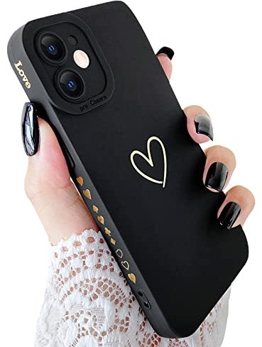 SmoBea Compatible with iPhone 12 Mini Case, Cute Gold Heart Pattern Phone Case for Women Girls With Side Small Love Pattern Silicone Protective Shockproof Phone Case (Black)
