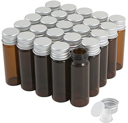 15 ml bernsteinfarbene Glasfläschchen mit Schraubverschluss und Plastikstopfen, kleine braune Durchstechflasche mit Flüssigkeitsprobe, auslaufsichere Flasche, 25 Stück