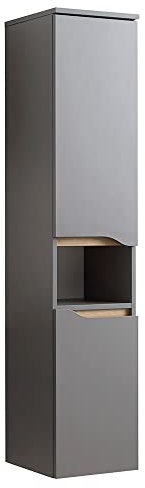 Lomadox Badezimmer Midischrank, 141 cm hoch, in Quarzgrau Matt Touch mit Riviera Eiche quer Nb., B/H/T ca. 30/141/33 cm