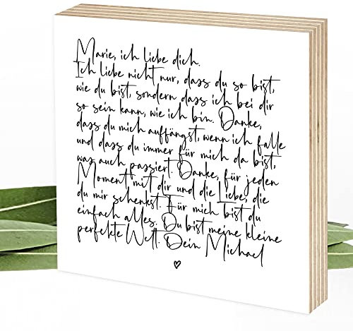 Wunderpixel® Holzbild Ich liebe dich - personalisiert mit Namen - Liebesbrief in Schreibschrift - 15x15x2cm zum Hinstellen Aufhängen - schwarz-weißes Holz-Schild Aufsteller Liebeserklärung