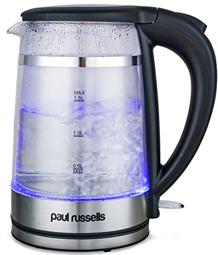 Paul Russells Electric Kettle, Quiet fast Boil, Double Layer Glass,3000W 1.5L with Blue LED, Boil-Dry Protection, Stainless Steel plate, Fast Boil Hot water dispenser, Instant Kettle, Black