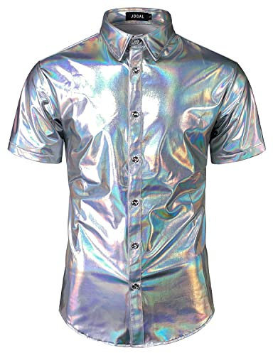 JOGAL Mens Metallic Shiny Nightclub Styles Short Sleeves Button Down Dress Shirts SilverShimmer X-Large